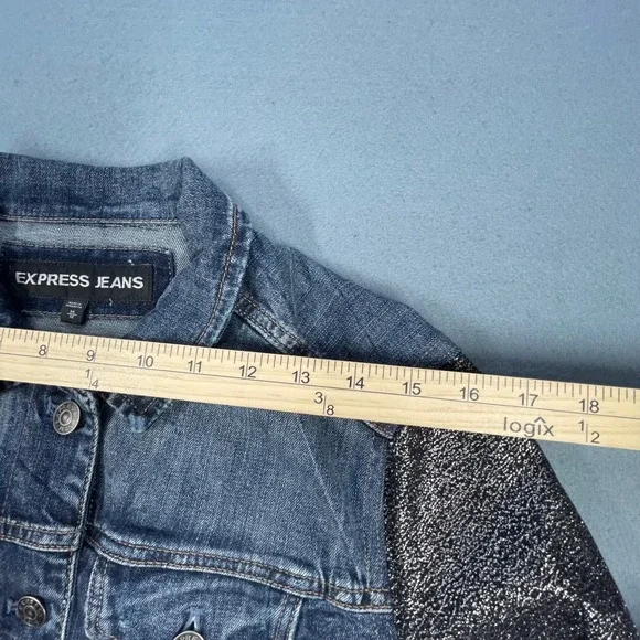 Express Blue Denim Jacket Metallic Silver Sleeves Womens Medium - Picture 5 of 7